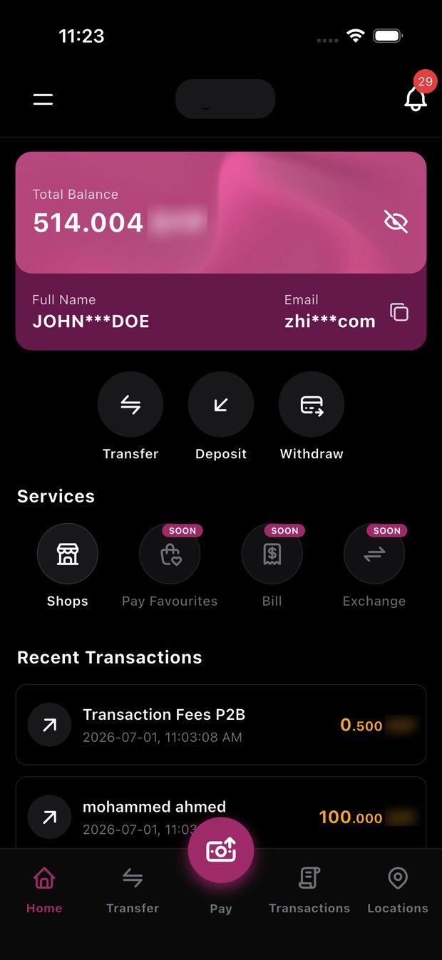 HiCloud digital wallet home — balance, transfer, deposit and recent transactions