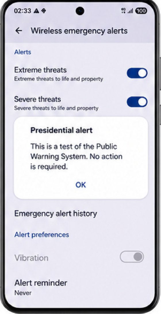 Handset receiving a Wireless Emergency Alert — 'Presidential alert: This is a test of the Public Warning System' on a 4G device